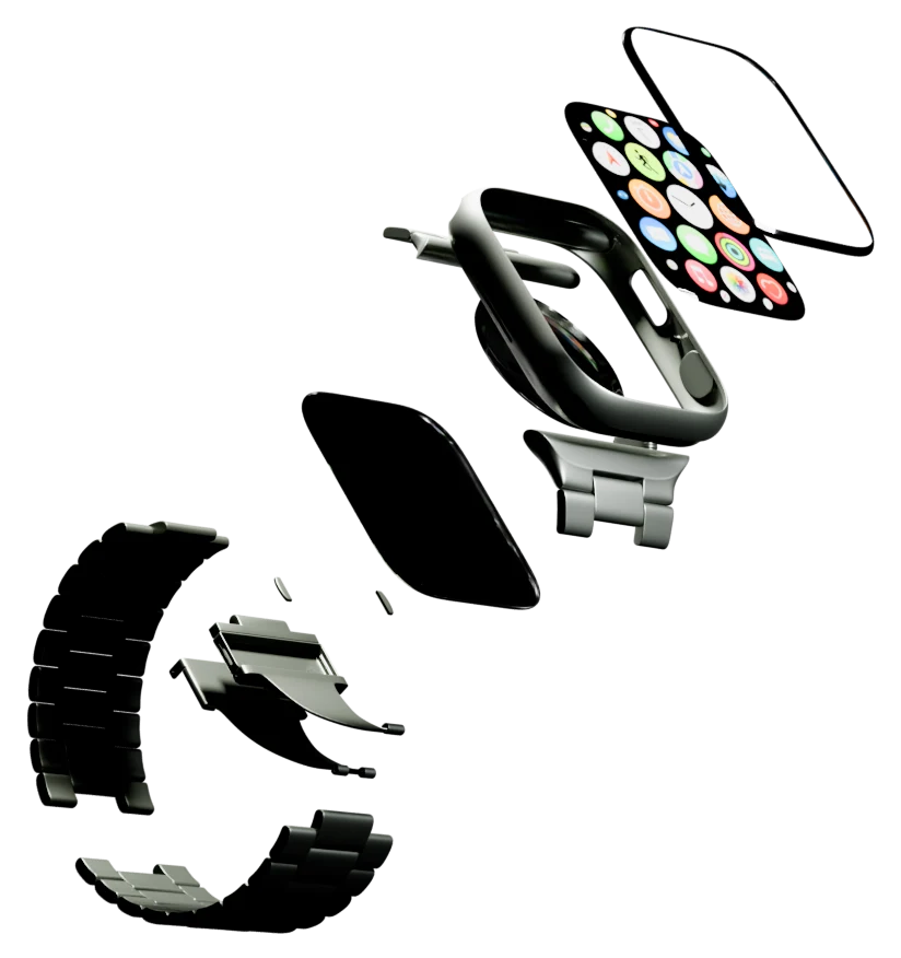 An exploded product render: case, display, back and band separated in space, closing into a finished assembled watch.